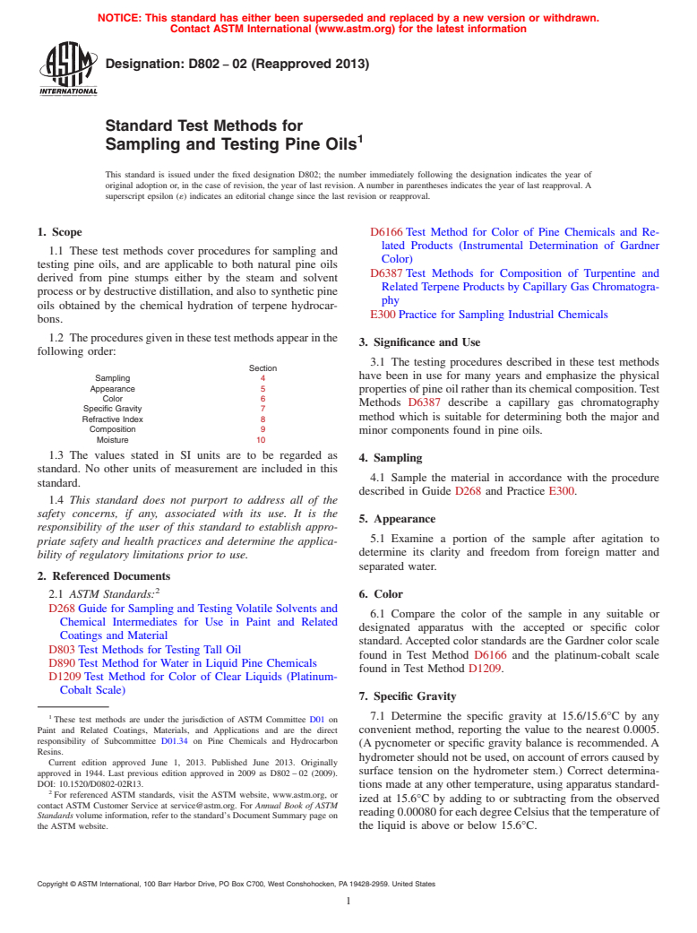 ASTM D802-02(2013) - Standard Test Methods for Sampling and Testing Pine Oils