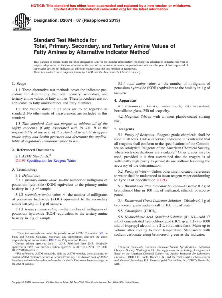 ASTM D2074-07(2013) - Standard Test Methods for Total, Primary, Secondary, and Tertiary Amine Values of Fatty  Amines     by Alternative Indicator Method