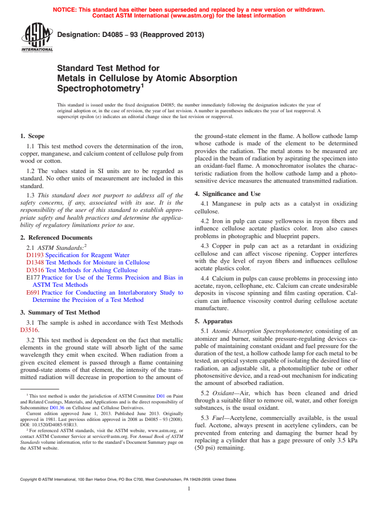 ASTM D4085-93(2013) - Standard Test Method for Metals in Cellulose by Atomic Absorption Spectrophotometry