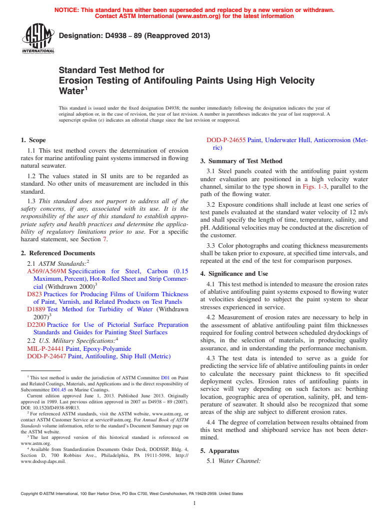 ASTM D4938-89(2013) - Standard Test Method for Erosion Testing of Antifouling Paints Using High Velocity Water (Withdrawn 2022)