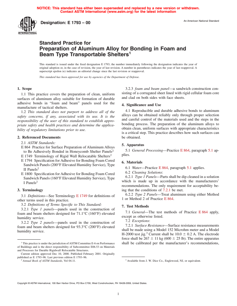 ASTM E1793-00 - Standard Practice for Preparation of Aluminum Alloy for Bonding in Foam and Beam Type Transportable Shelters