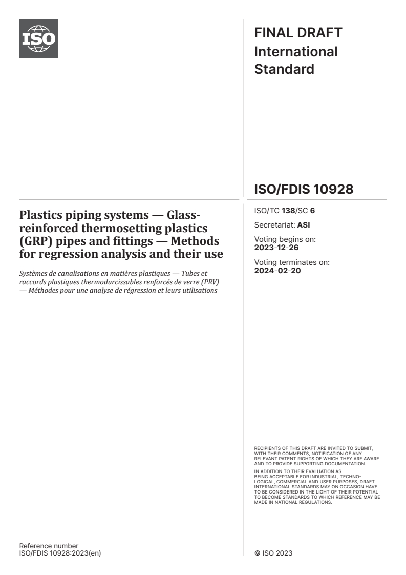 ISO/FDIS 10928 - Plastics piping systems — Glass-reinforced thermosetting plastics (GRP) pipes and fittings — Methods for regression analysis and their use
Released:12. 12. 2023