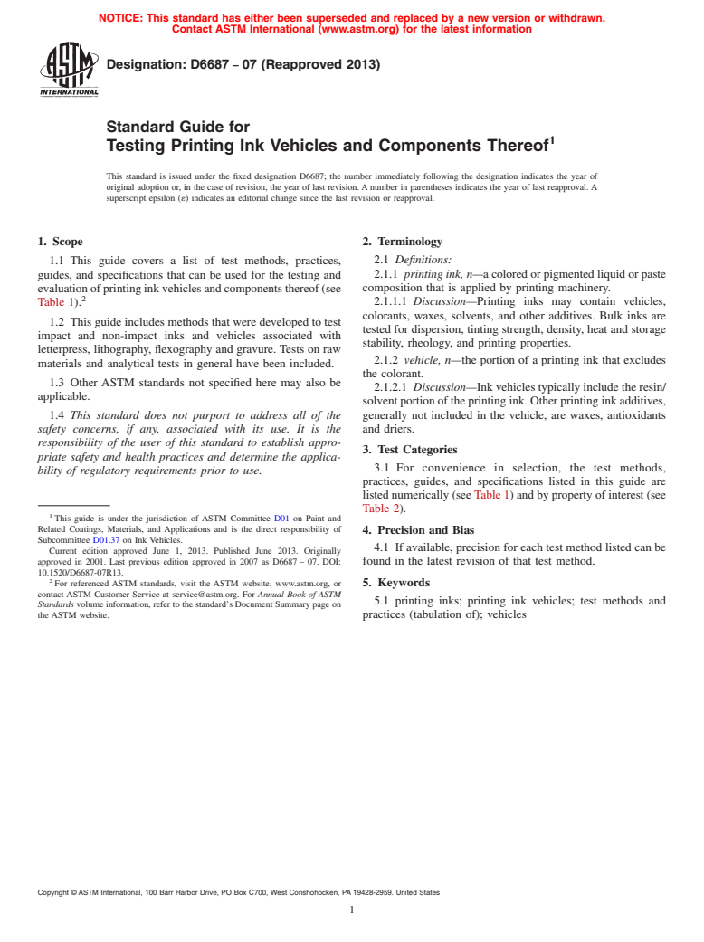 ASTM D6687-07(2013) - Standard Guide for Testing Printing Ink Vehicles and Components Thereof