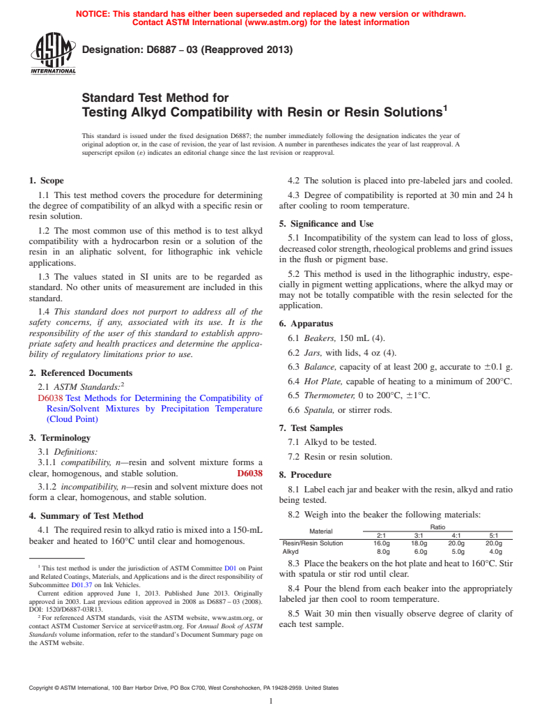 ASTM D6887-03(2013) - Standard Test Method for Testing Alkyd Compatibility with Resin or Resin Solutions