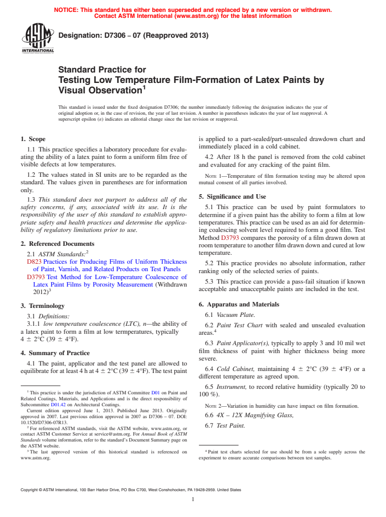 ASTM D7306-07(2013) - Standard Practice for Testing Low Temperature Film-Formation of Latex Paints by Visual  Observation