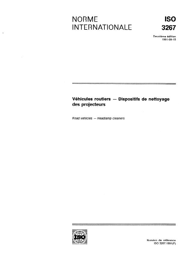 ISO 3267:1991 - Véhicules routiers -- Dispositifs de nettoyage des projecteurs