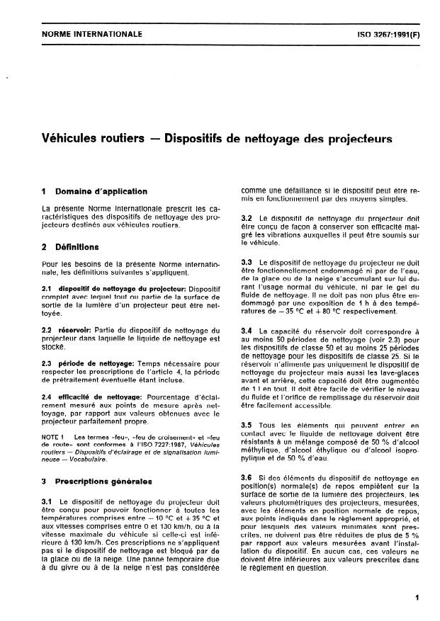 ISO 3267:1991 - Véhicules routiers -- Dispositifs de nettoyage des projecteurs