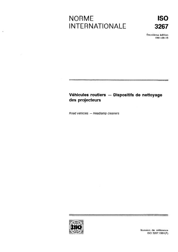 ISO 3267:1991 - Véhicules routiers -- Dispositifs de nettoyage des projecteurs