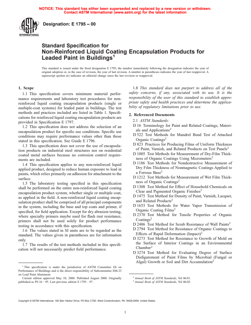 ASTM E1795-00 - Standard Specification for Non-Reinforced Liquid Coating Encapsulation Products for Leaded Paint in Buildings