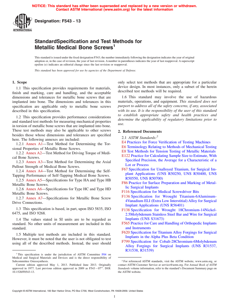 ASTM F543-13 - Standard Specification and Test Methods for  Metallic Medical Bone Screws