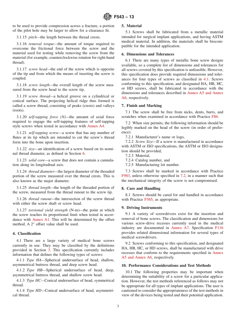 ASTM F543-13 - Standard Specification and Test Methods for  Metallic Medical Bone Screws