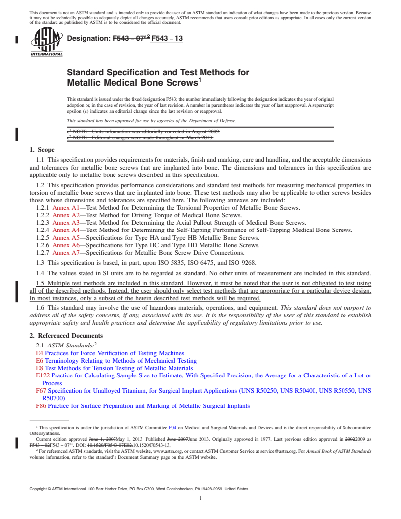 REDLINE ASTM F543-13 - Standard Specification and Test Methods for  Metallic Medical Bone Screws