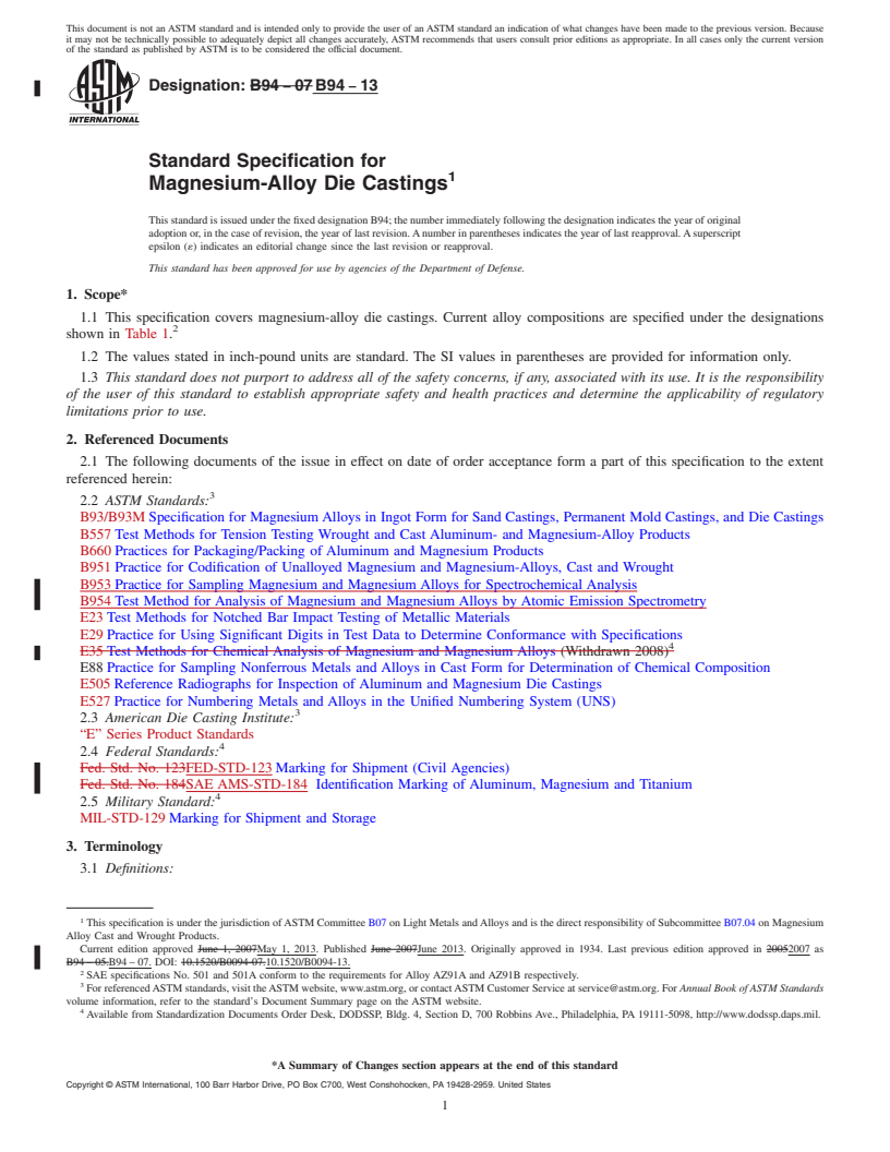REDLINE ASTM B94-13 - Standard Specification for  Magnesium-Alloy Die Castings