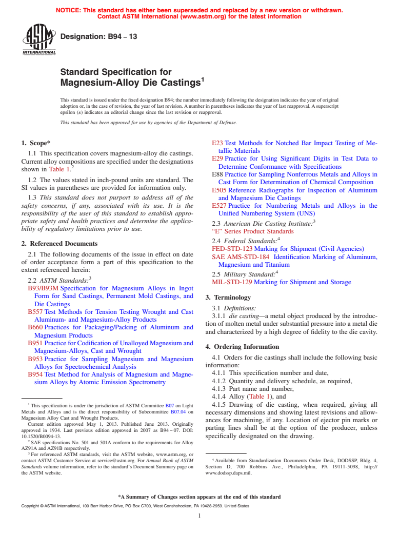 ASTM B94-13 - Standard Specification for  Magnesium-Alloy Die Castings