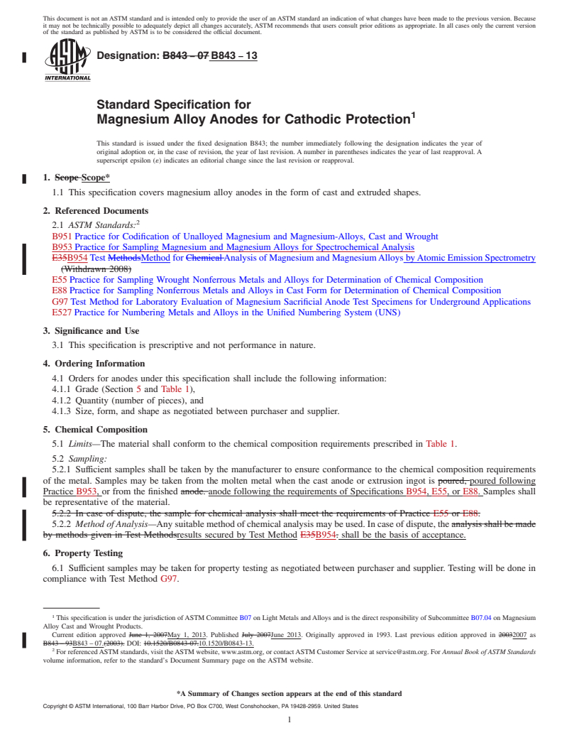 REDLINE ASTM B843-13 - Standard Specification for  Magnesium Alloy Anodes for Cathodic Protection