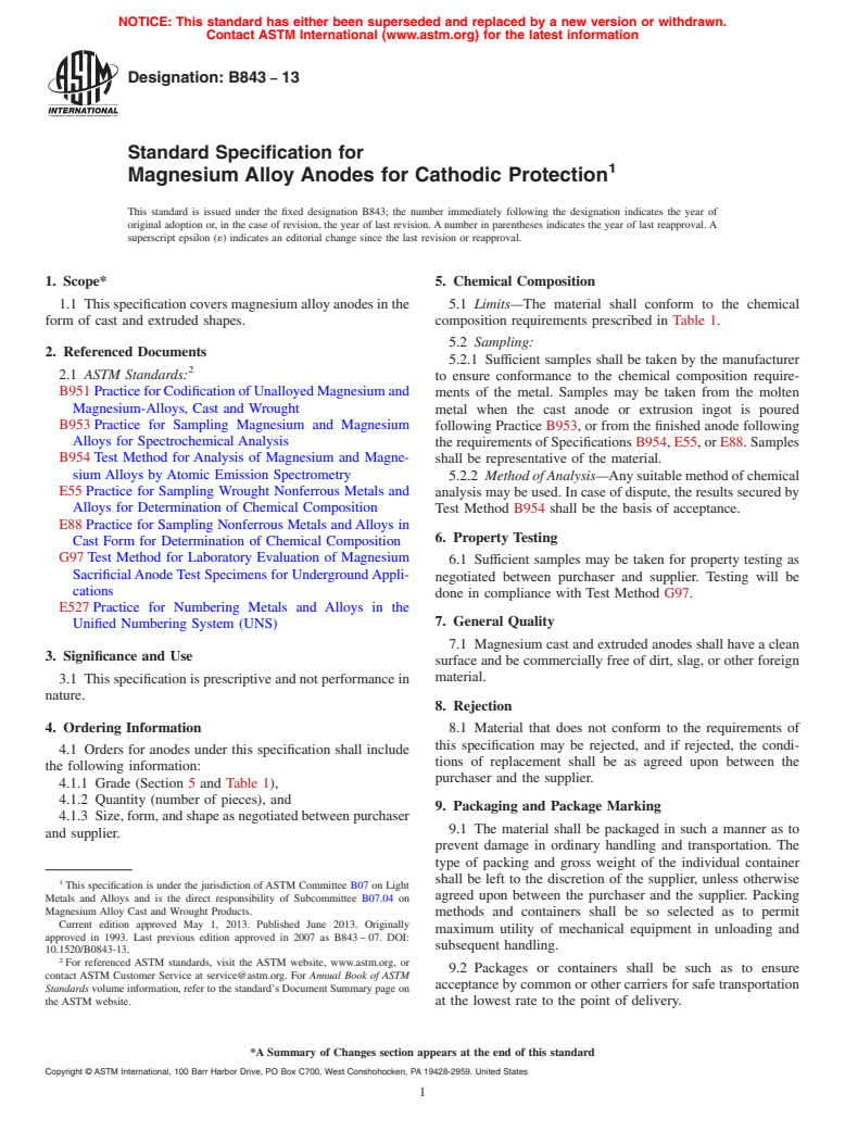 ASTM B843-13 - Standard Specification for  Magnesium Alloy Anodes for Cathodic Protection