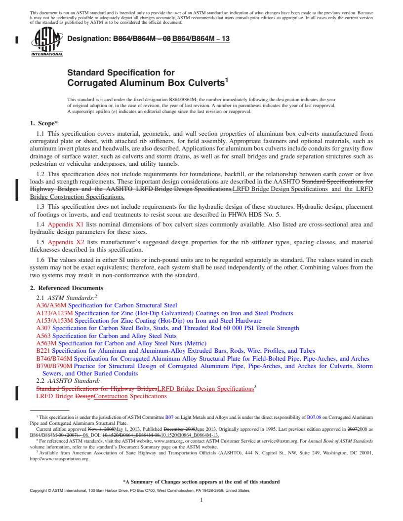 REDLINE ASTM B864/B864M-13 - Standard Specification for  Corrugated Aluminum Box Culverts
