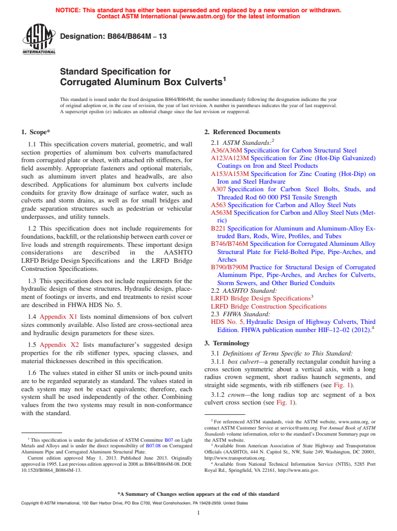 ASTM B864/B864M-13 - Standard Specification for  Corrugated Aluminum Box Culverts