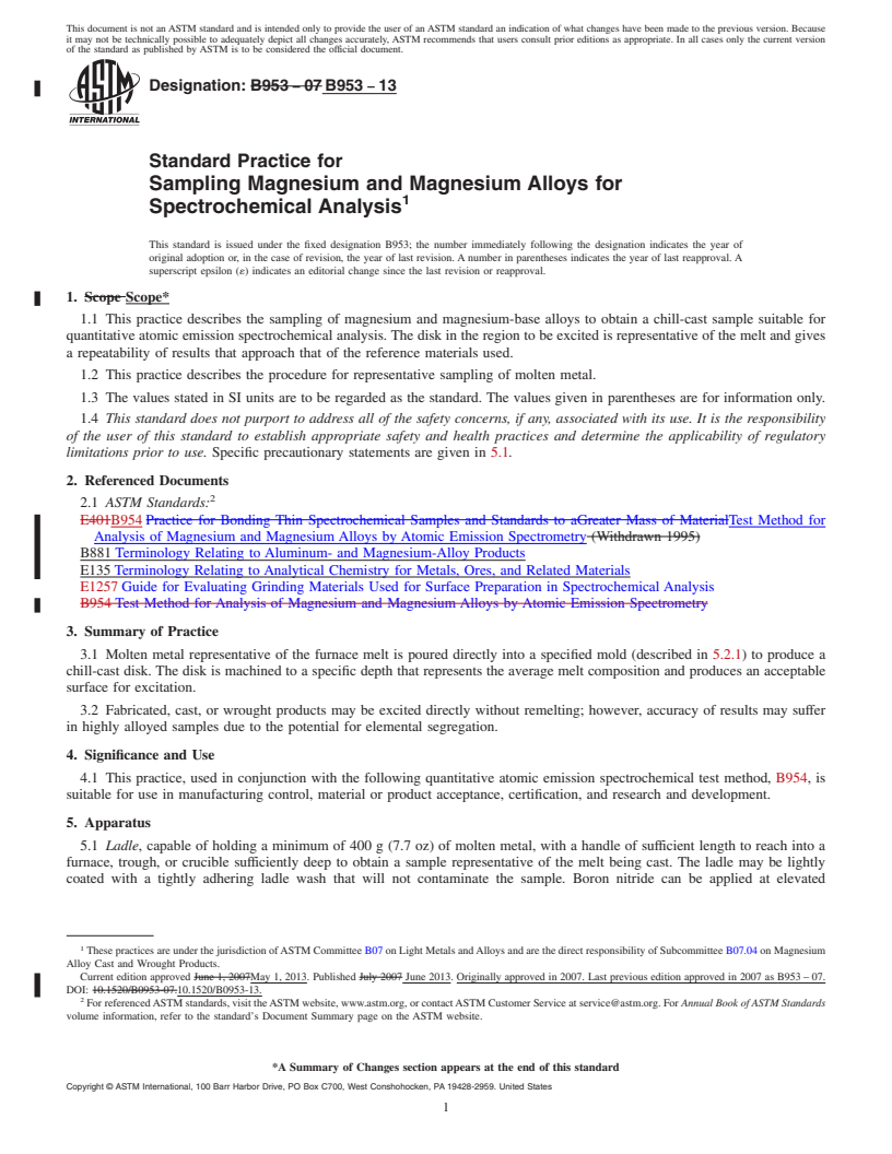 REDLINE ASTM B953-13 - Standard Practice for  Sampling Magnesium and Magnesium Alloys for Spectrochemical  Analysis