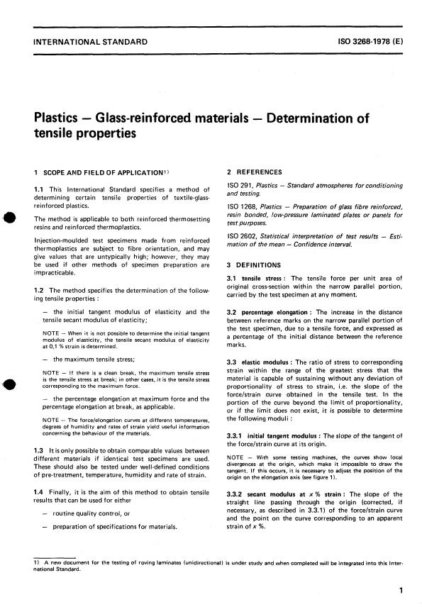 ISO 3268:1978 - Plastics -- Glass reinforced materials -- Determination of tensile properties