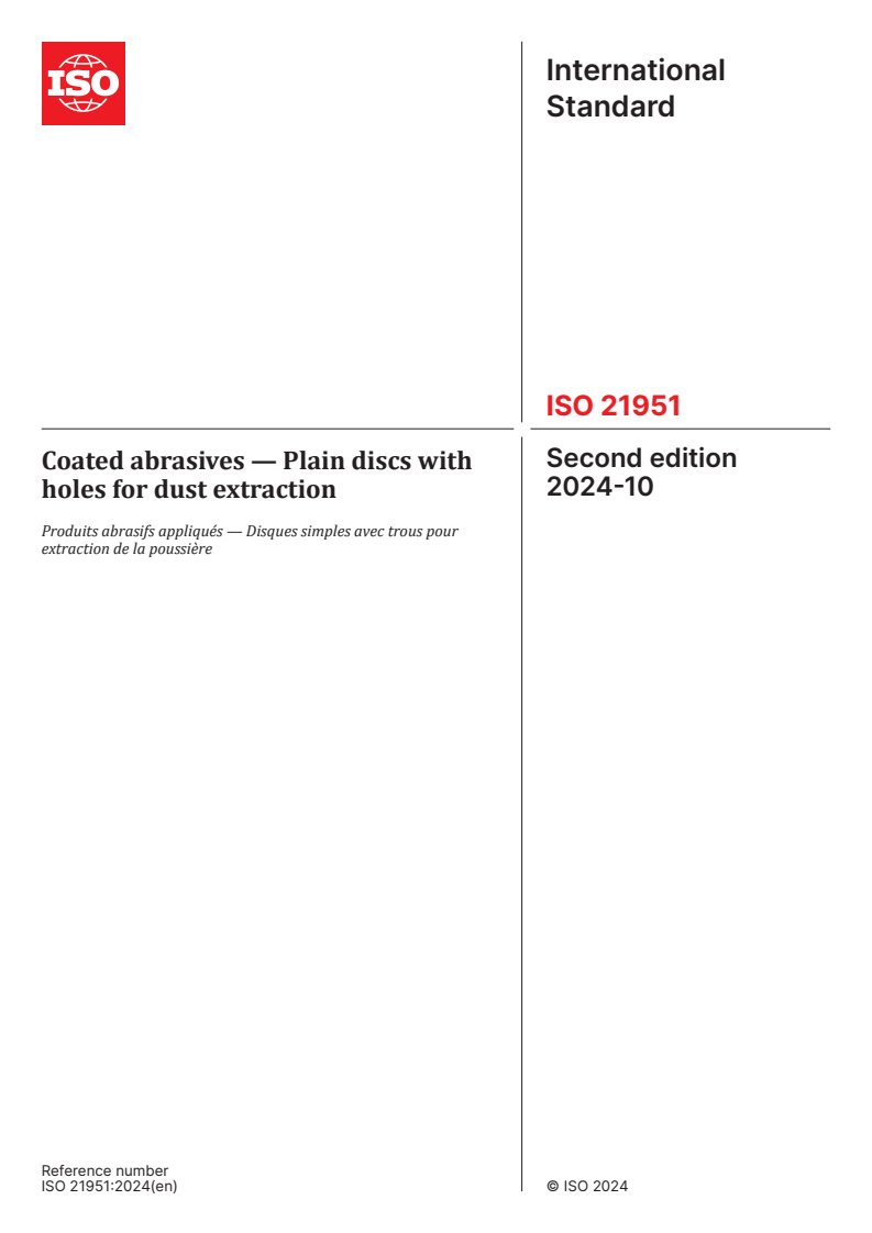 ISO 21951:2024 - Coated abrasives — Plain discs with holes for dust extraction
Released:9. 10. 2024