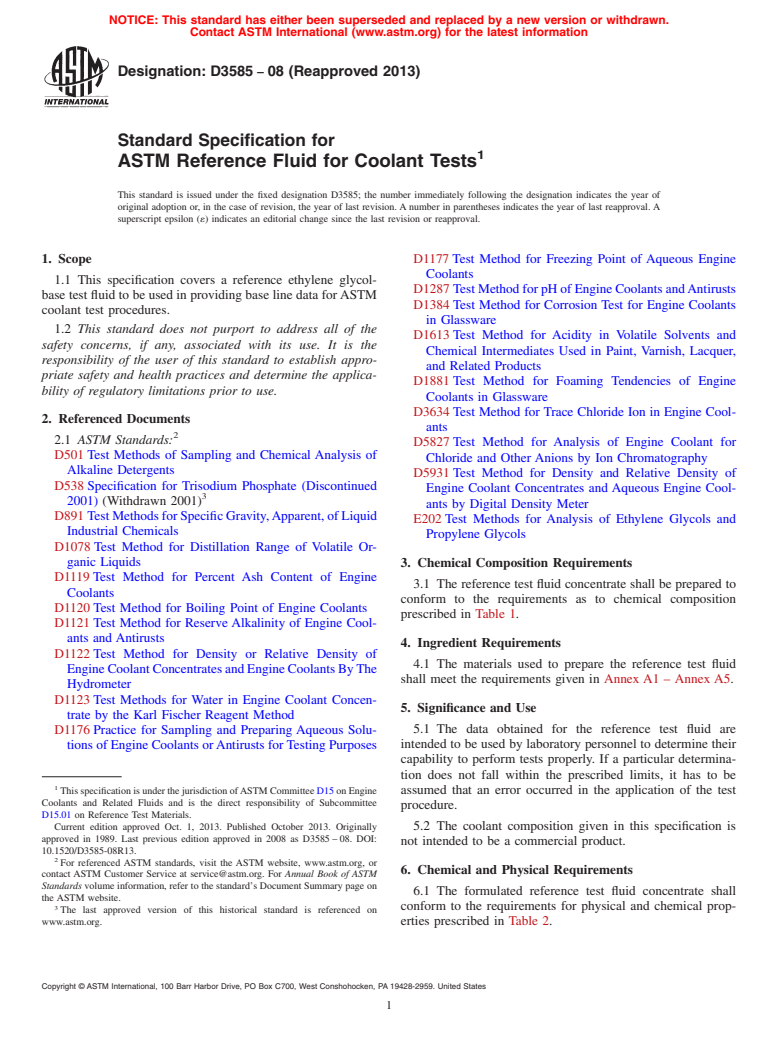 ASTM D3585-08(2013) - Standard Specification for  ASTM Reference Fluid for Coolant Tests