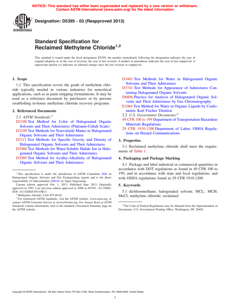 ASTM D5395-03(2013) - Standard Specification for  Reclaimed Methylene Chloride