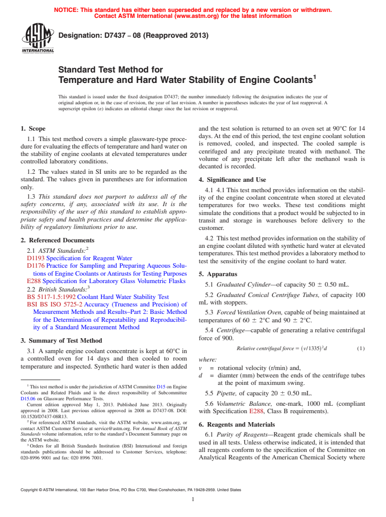 ASTM D7437-08(2013) - Standard Test Method for  Temperature and Hard Water Stability of Engine Coolants