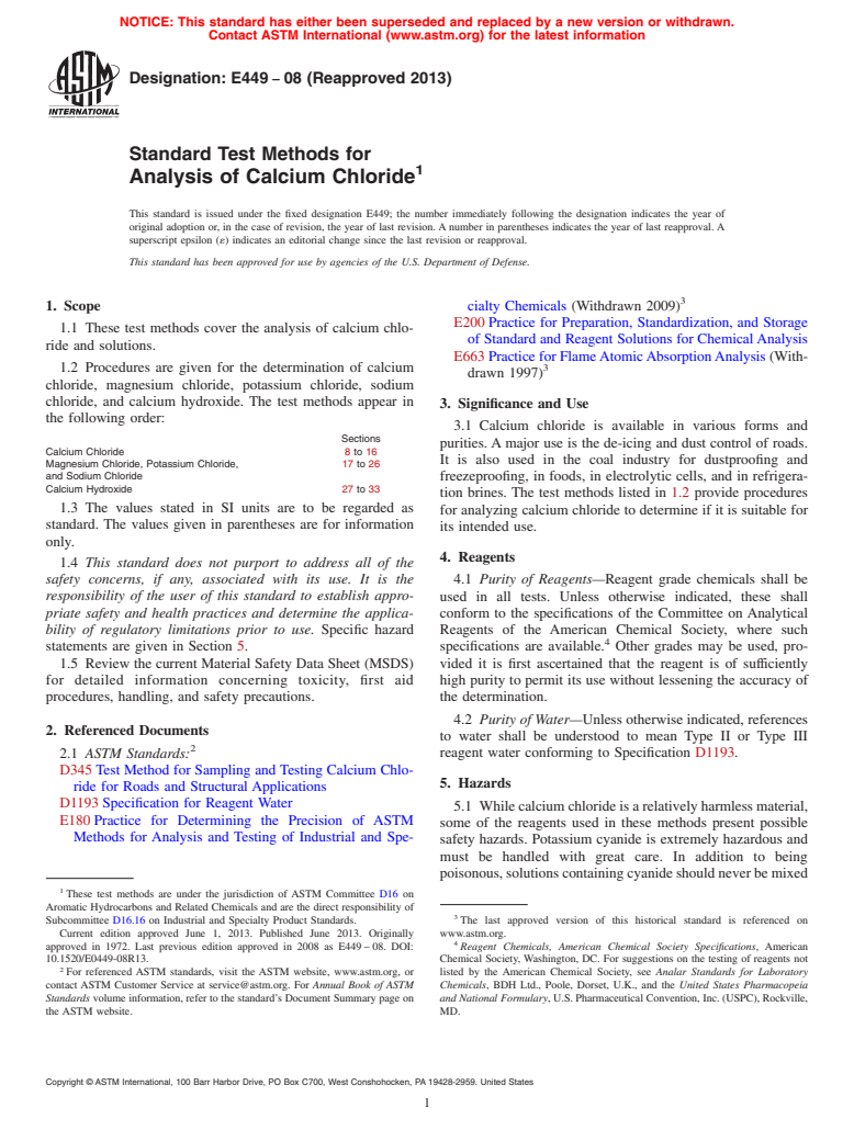 ASTM E449-08(2013) - Standard Test Methods for  Analysis of Calcium Chloride