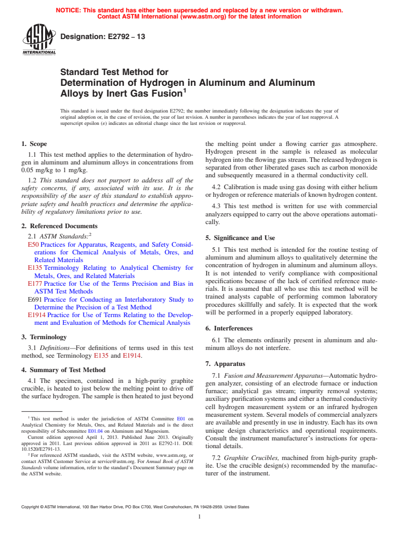 ASTM E2792-13 - Standard Test Method for  Determination of Hydrogen in Aluminum and Aluminum Alloys by  Inert Gas Fusion