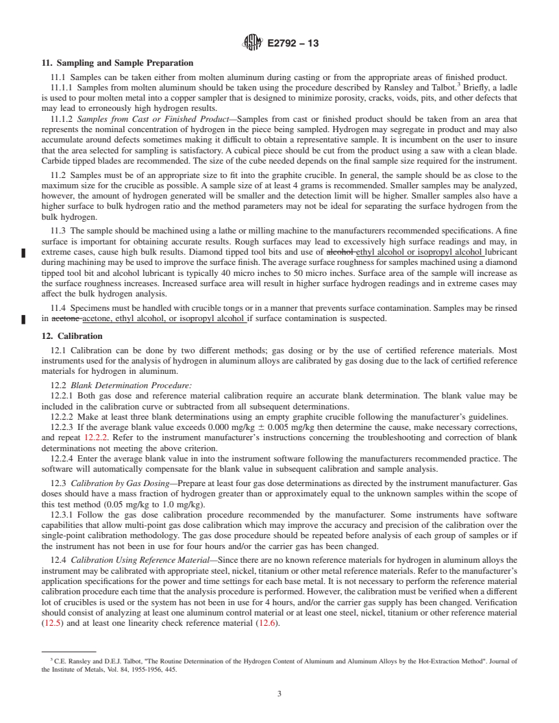 REDLINE ASTM E2792-13 - Standard Test Method for  Determination of Hydrogen in Aluminum and Aluminum Alloys by  Inert Gas Fusion