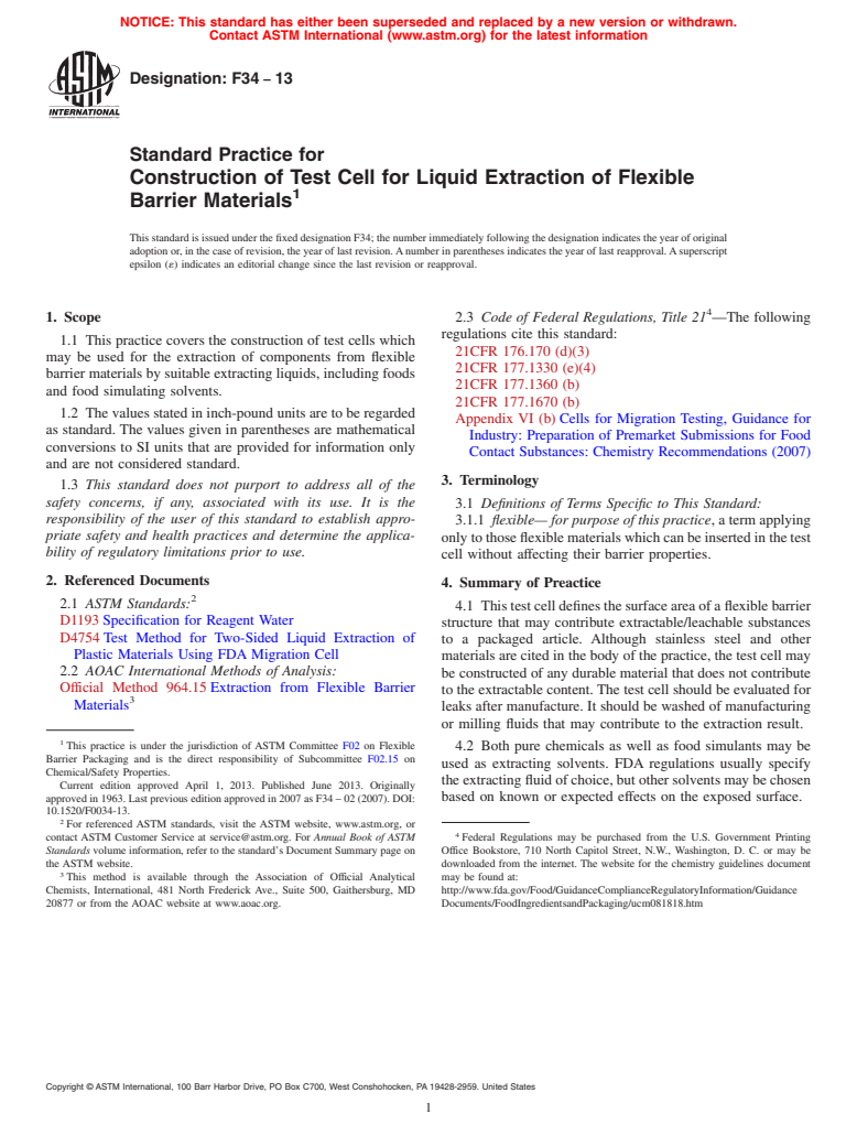 ASTM F34-13 - Standard Practice for  Construction of Test Cell for Liquid Extraction of Flexible   Barrier Materials