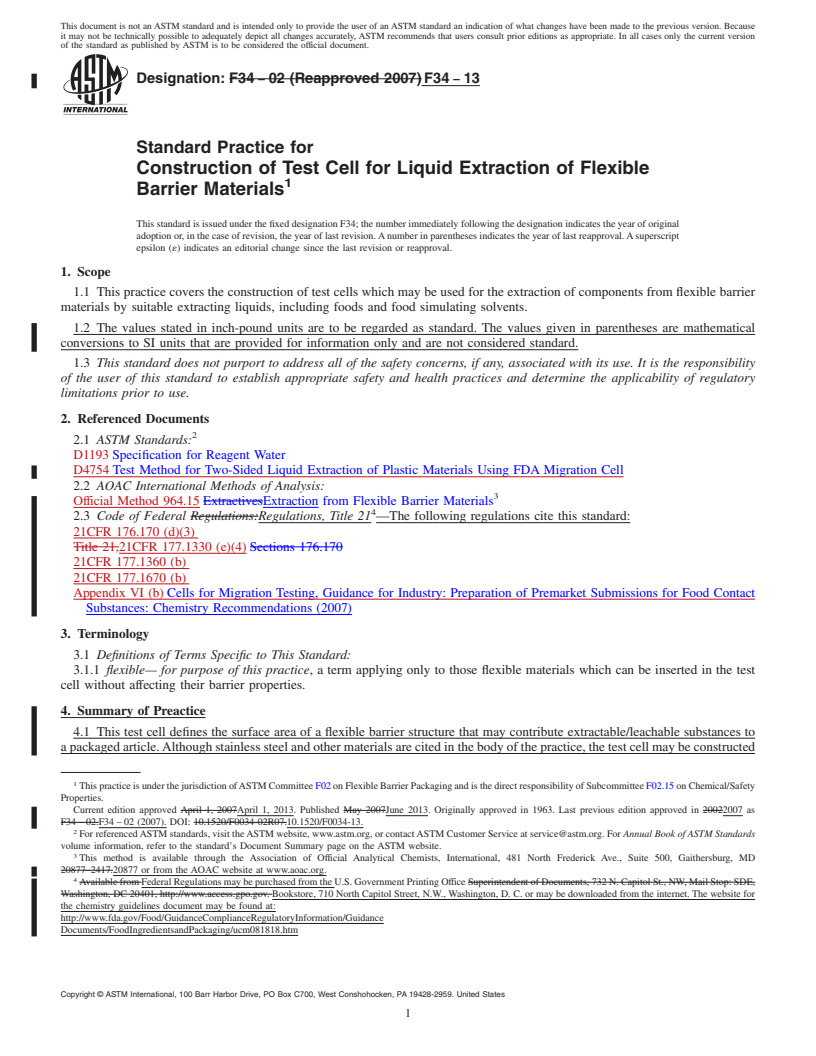 REDLINE ASTM F34-13 - Standard Practice for  Construction of Test Cell for Liquid Extraction of Flexible   Barrier Materials