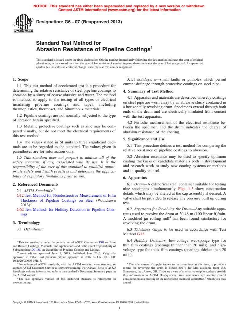 ASTM G6-07(2013) - Standard Test Method for Abrasion Resistance of Pipeline Coatings