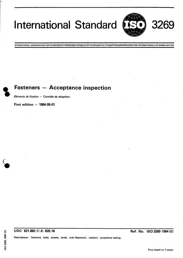 ISO 3269:1984 - Fasteners -- Acceptance inspection