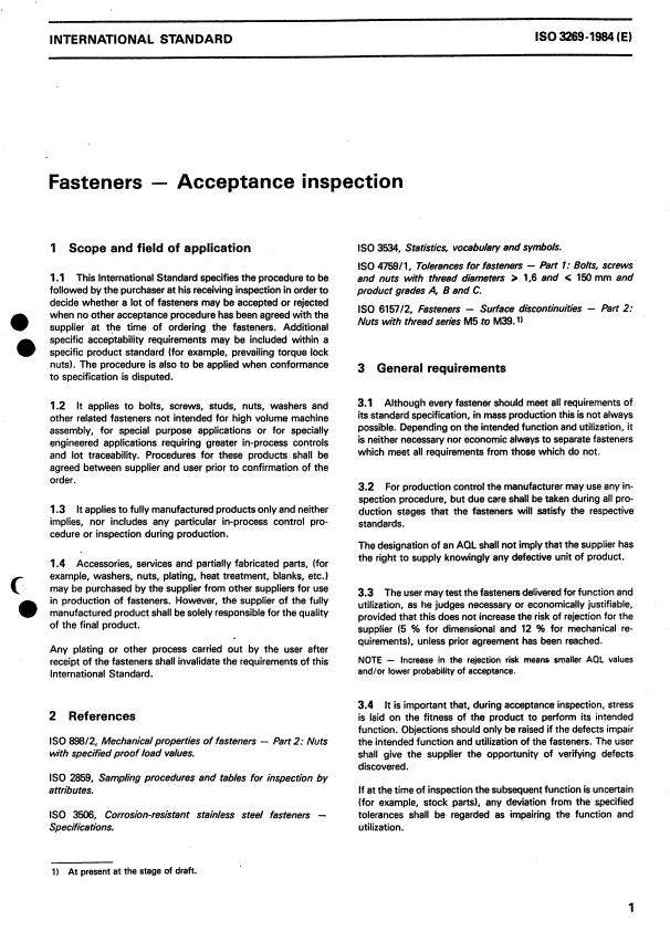 ISO 3269:1984 - Fasteners -- Acceptance inspection
