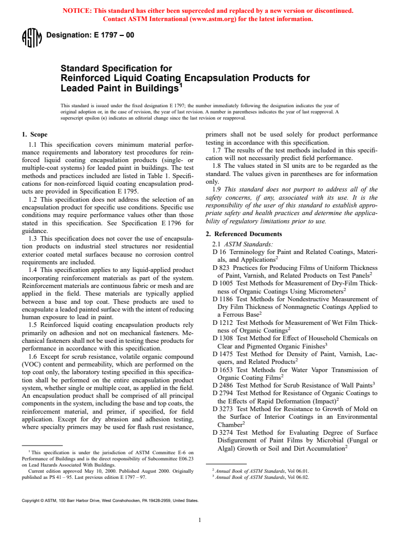 ASTM E1797-00 - Standard Specification for Reinforced Liquid Coating Encapsulation Products for Leaded Paint in Buildings