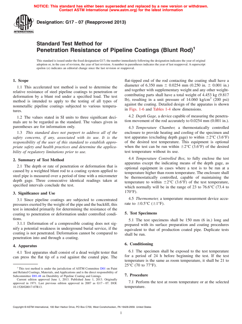 ASTM G17-07(2013) - Standard Test Method for Penetration Resistance of Pipeline Coatings (Blunt Rod)