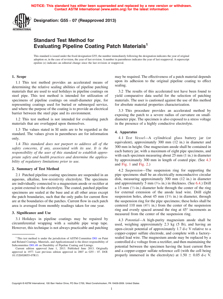 ASTM G55-07(2013) - Standard Test Method for Evaluating Pipeline Coating Patch Materials