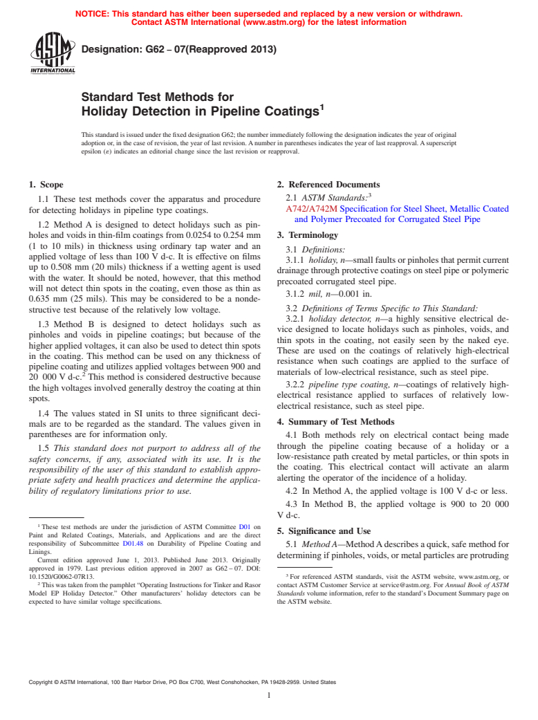 ASTM G62-07(2013) - Standard Test Methods for Holiday Detection in Pipeline Coatings