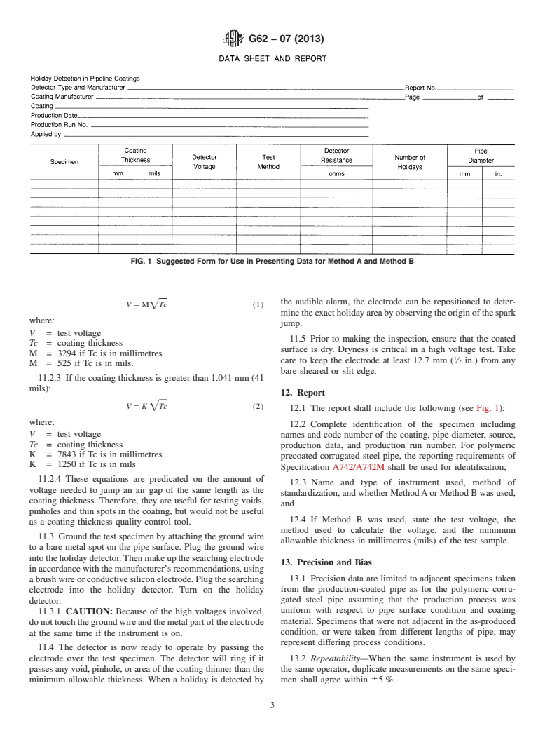 ASTM G62-07(2013) - Standard Test Methods for Holiday Detection in Pipeline Coatings