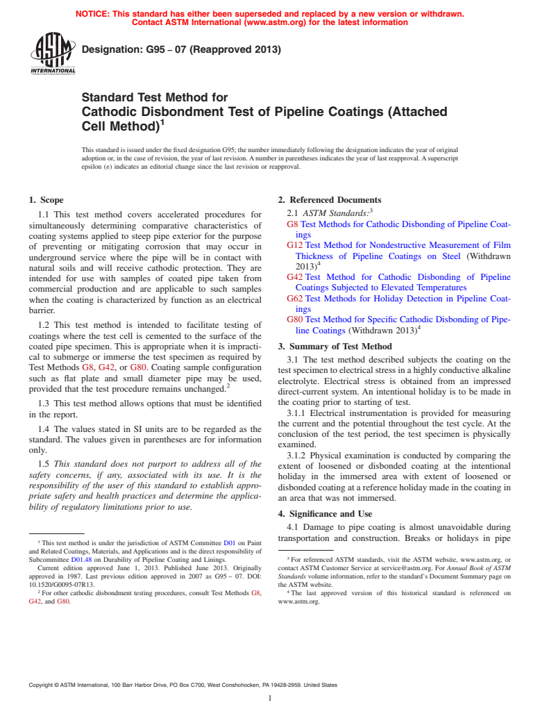 ASTM G95-07(2013) - Standard Test Method for Cathodic Disbondment Test of Pipeline Coatings (Attached Cell  Method)