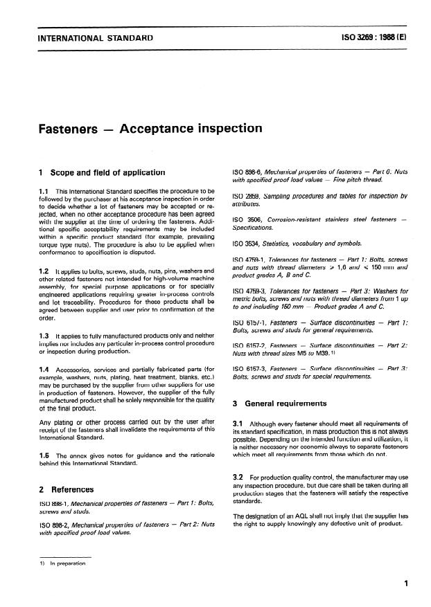 ISO 3269:1988 - Fasteners -- Acceptance inspection