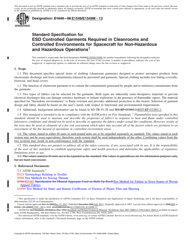 REDLINE ASTM E1549/E1549M-13 - Standard Specification for ESD Controlled Garments Required in Cleanrooms and Controlled Environments for Spacecraft for Non-Hazardous and Hazardous Operations