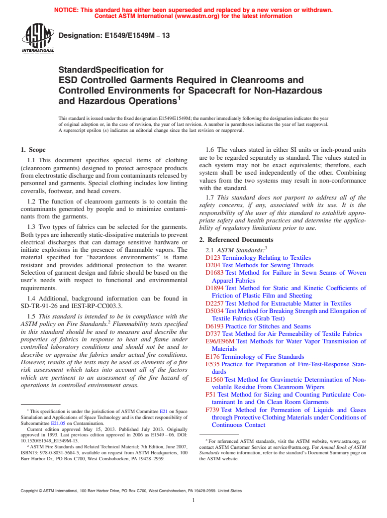 ASTM E1549/E1549M-13 - Standard Specification for ESD Controlled Garments Required in Cleanrooms and Controlled Environments for Spacecraft for Non-Hazardous and Hazardous Operations