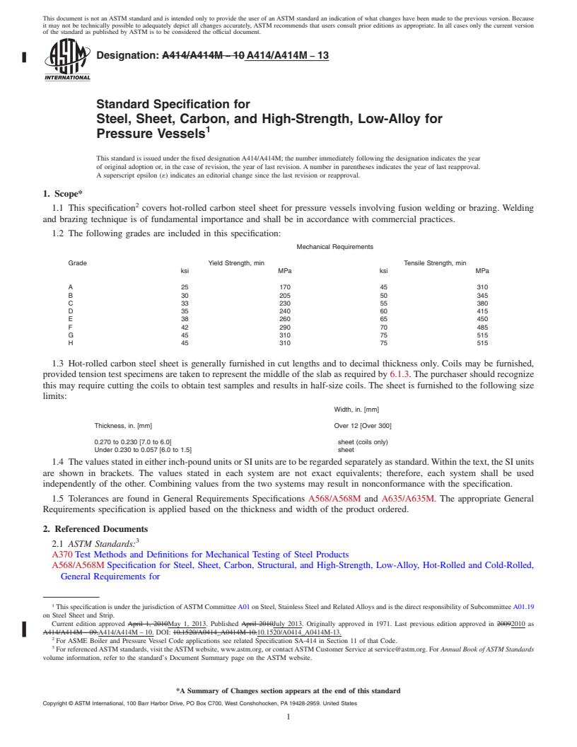 REDLINE ASTM A414/A414M-13 - Standard Specification for  Steel, Sheet, Carbon, and High-Strength, Low-Alloy for Pressure  Vessels