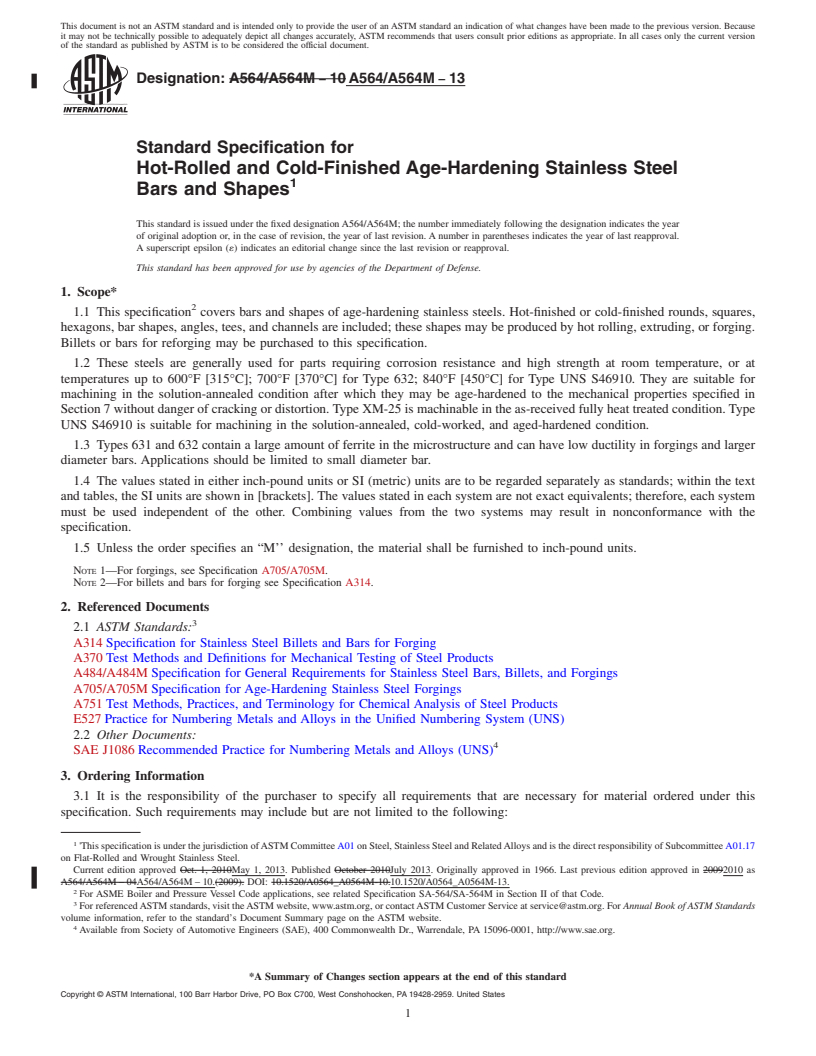 REDLINE ASTM A564/A564M-13 - Standard Specification for  Hot-Rolled and Cold-Finished Age-Hardening Stainless Steel  Bars and Shapes