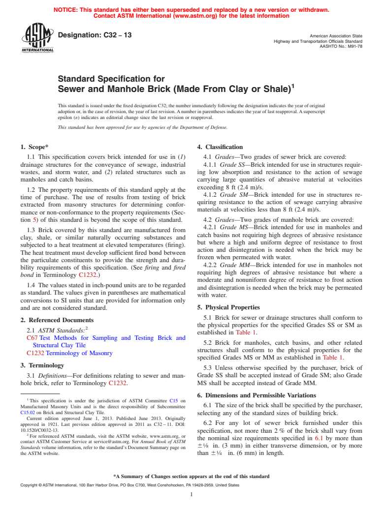 ASTM C32-13 - Standard Specification for  Sewer and Manhole Brick (Made From Clay or Shale)