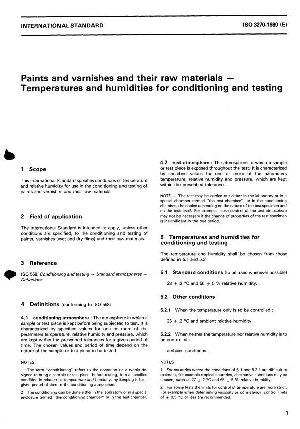 ISO 3270:1980 - Paints and varnishes and their raw materials -- Temperatures and humidities for conditioning and testing