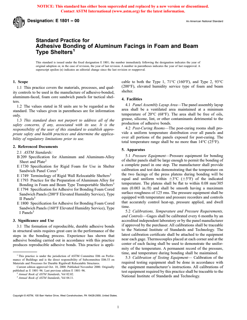 ASTM E1801-00 - Standard Practice for Adhesive Bonding of Aluminum Facings in Foam and Beam Type Shelters